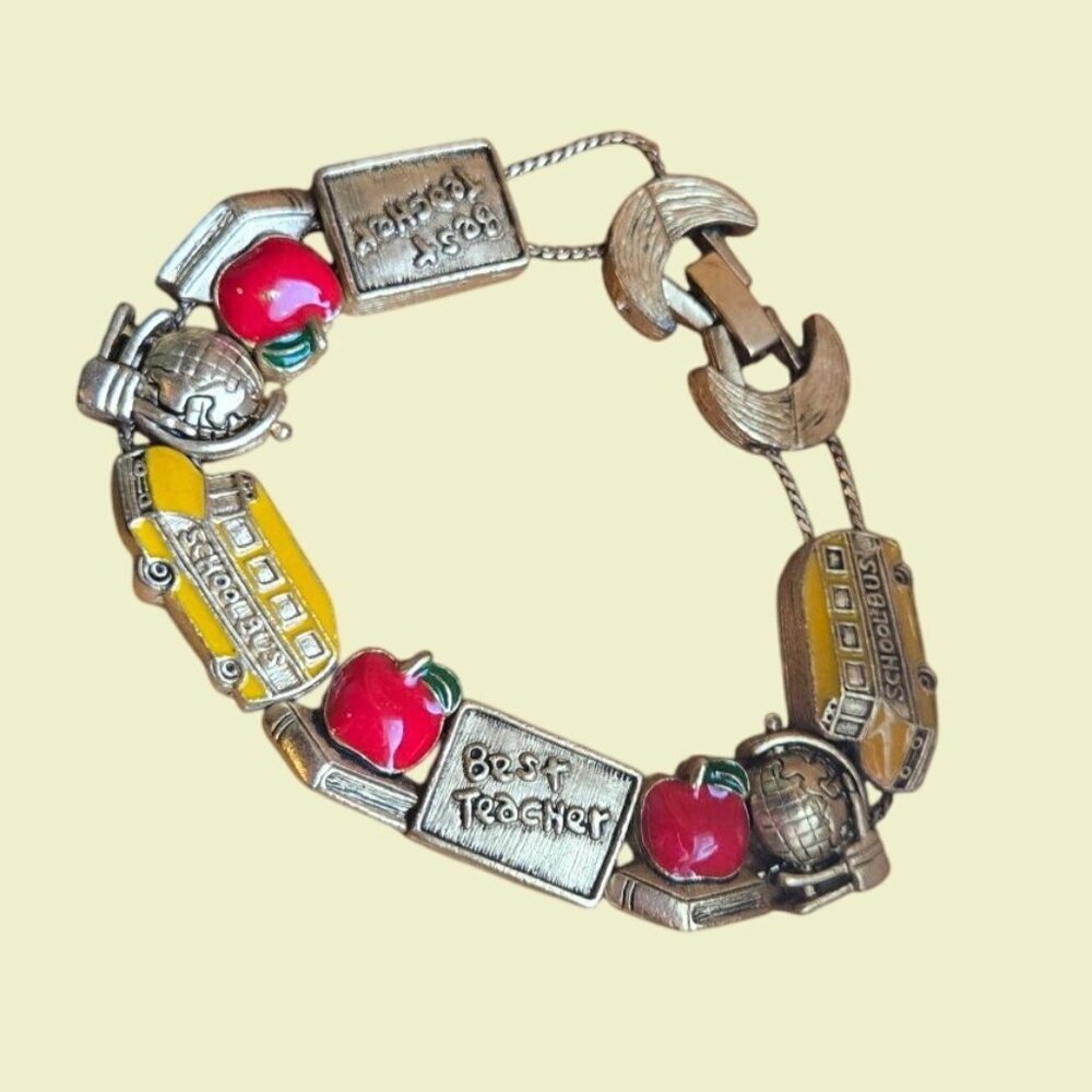 Vintage Best Teacher Charm Bracelet With Apples School Bus Teacher Gift daycare - Picture 3 of 10